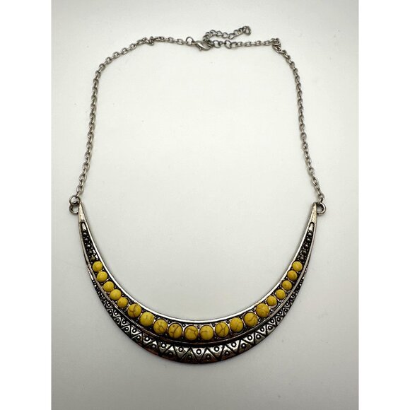 Boho Inspired Silver Tone Necklace Yellow Beads Tribal Pattern Free Spirit - Picture 7 of 8